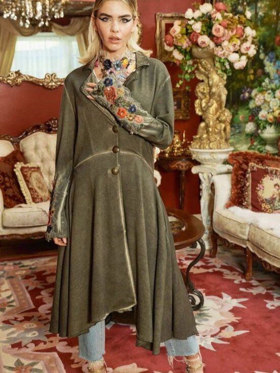 Aratta Jackets & Blazers - Aratta The Heart of Autumn Cotton Button-Down Floral Long Coat Green SZ S M L